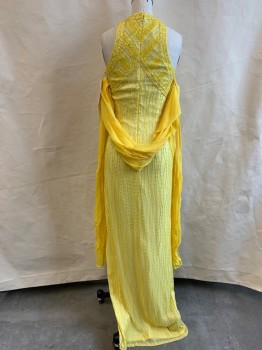 Womens, Evening Gown, NL, Yellow, Synthetic, Beaded, Solid, B 34, Beaded, Jewel Neckline with Keyhole, High Side Slit, Yellow Shawl Attached, Zip Back