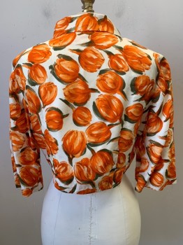 Womens, 1960s Vintage, Suit, Jacket, NO LABEL, Orange, Cream, Olive Green, Silk, Floral, 36, L/S, Button Front, Neck Tie,