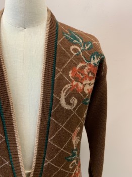 PENDLETON, Brown, Forest Green, Beige, Burnt Orange, Wool, Floral, Plaid-  Windowpane, Cardigan, V-N, Single Breasted, Button Front, 5 Brown Buttons With Metal Center & Brown Marble Frame 