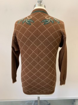 Mens, Sweater, PENDLETON, Brown, Forest Green, Beige, Burnt Orange, Wool, Floral, Plaid-  Windowpane, C:42, M, Cardigan, V-N, Single Breasted, Button Front, 5 Brown Buttons With Metal Center & Brown Marble Frame 