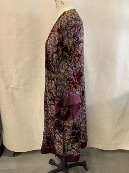 Womens, SPA Robe, BAND OF GYPSIES, Red Burgundy, Ivory White, Multi-color, Synthetic, Floral, XS/S, Open Front, Satin Trim, Chiffon With Floral Velvet Appliques