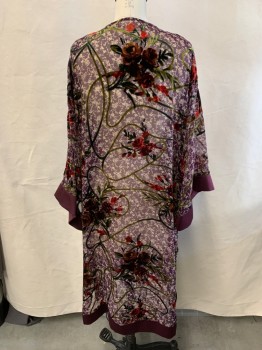 Womens, SPA Robe, BAND OF GYPSIES, Red Burgundy, Ivory White, Multi-color, Synthetic, Floral, XS/S, Open Front, Satin Trim, Chiffon With Floral Velvet Appliques