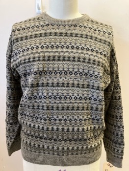 Mens, Sweater, TOWNCRAFT, XL, Khaki Gray Black White Heathered Geometrical Patterned H-stripes, Acrylic Polyester Knit, L/S, CN, Pullover