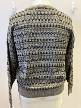 TOWNCRAFT, Khaki Gray Black White Heathered Geometrical Patterned H-stripes, Acrylic Polyester Knit, L/S, CN, Pullover