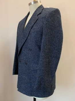 Mens, Jacket, FARAH, Blue, Black, Off White, Wool, Acrylic, Tweed, 42 L, 4 Buttons Double Breasted, Notched Lapel, 3 Pockets, CB Vent
