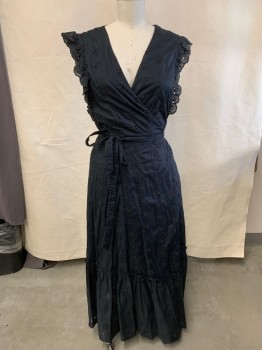 Womens, Dress, Sleeveless, OUTERKNOWN, Black, Cotton, Solid, L, Full Length, Wrap Dress, Floral Embroidery And Laser Cuts, Flounce As Hem And Sleeves