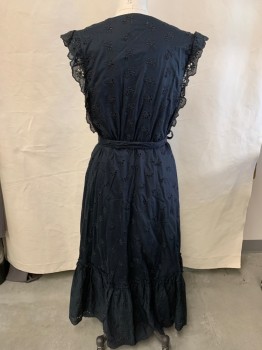 Womens, Dress, Sleeveless, OUTERKNOWN, Black, Cotton, Solid, L, Full Length, Wrap Dress, Floral Embroidery And Laser Cuts, Flounce As Hem And Sleeves