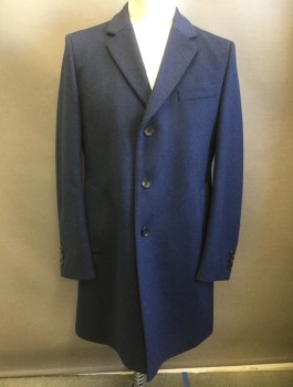 Mens, Coat, Overcoat, HUGO BOSS, Navy Blue, Wool, Cashmere, Solid, 42R, Below Hip Length, Single Breasted, Notched Lapel, 3 Buttons, Black Lining, 2 Welt Pockets