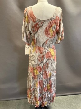 NL, Khaki Brown, Taupe, Rust Orange, Gold, Gray, Polyester, Floral, S/S, Scoop Neck, White Pearl Btn. Front, Wrinkled Fabric, Maxi Dress