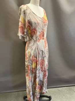 NL, Khaki Brown, Taupe, Rust Orange, Gold, Gray, Polyester, Floral, S/S, Scoop Neck, White Pearl Btn. Front, Wrinkled Fabric, Maxi Dress