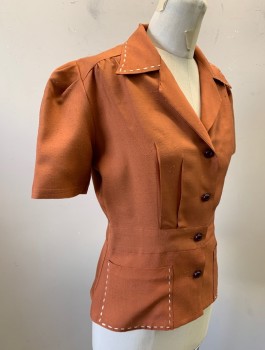 Womens, Blouse, N/L MTO, Rust Orange, Silk, Solid, W:30, B:36, Short Puffy Sleeves Gathered at Shoulders, Collar Attached, Cream Top Stitching at Collar and 2 Patch Pockets, Button Front, Peplum Waist, Made To Order