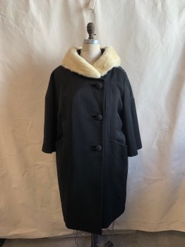 Womens, Coat, MTO, Black, Off White, Wool, Fur, Solid, B36, Off White Fur C.A., 3 Large Black Buttons, 2 Pockets, *Slightly Aged/Distressed*