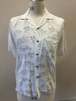 MC GREGOR, White with Gray Horse And Rider Drawings Front, Pressed Open Collar, B.F., S/S, 1 Wlt Pckt, Silver Horse Novelty Buttons