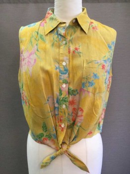 Womens, Top, RALPH LAUREN, Turmeric Yellow, Turquoise Blue, Red, Green, Pink, Linen, Floral, 1X, Turmeric Yellow Background with Floral Print, Sleeveless, Button Front, Collar Attached, 1 Pocket, Self Tie Front