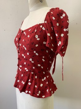Womens, Top, Reformation, Red, White, Black, Viscose, Rayon, Floral, 6, Short Sleeves with Ties, V Neck, Button Front, Scrunched Back, Flowy Bottom Trim