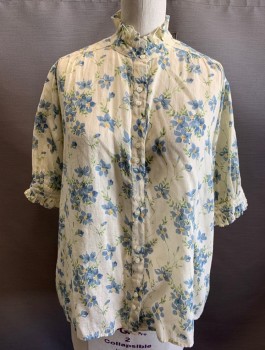 THE GREAT, Ecru, Blue, Mustard Yellow, Green, Cotton, Floral, Gauze, S/S, Button Front, Stand Collar with Self Ruffle