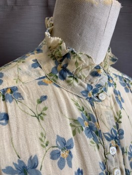 THE GREAT, Ecru, Blue, Mustard Yellow, Green, Cotton, Floral, Gauze, S/S, Button Front, Stand Collar with Self Ruffle