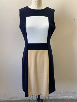 Womens, Dress, Sleeveless, CALVIN KLEIN, Navy Blue, Beige, White, Polyester, Rayon, Color Blocking, Sz.6, Jersey, Rectangular Beige and White Panels at Front, 2" Wide Navy Waist Panel, Round Neck,  Straight Fit, Knee Length, Invisible Zipper in Back
