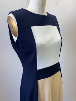 Womens, Dress, Sleeveless, CALVIN KLEIN, Navy Blue, Beige, White, Polyester, Rayon, Color Blocking, Sz.6, Jersey, Rectangular Beige and White Panels at Front, 2" Wide Navy Waist Panel, Round Neck,  Straight Fit, Knee Length, Invisible Zipper in Back