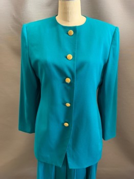 CHRISTIAN DIOR, Teal Green, Triacetate, Polyester, Round Neck,  Single Breasted, Gold Buttons