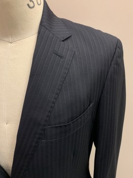 GALANTE, Midnight Blue, Lt Blue, Wool, Stripes - Pin, Single Breasted, 2 Buttons, 3 Pockets, Notched Lapel, Double Vent