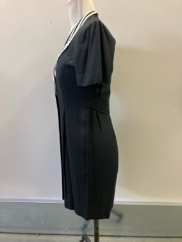 S.L. FASHIONS, Black Rayon, Coat Dress, B.F., Pointed Shawl Lapel with White Triple Stripe Applique, Shoulder Pads, S/S, Princess Seams Bodice, Inverted Box Pleats Skirt, Strappy Back Belt Detail