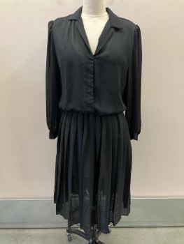 JENNY, Black, Rayon, Solid, Sheer, C.A., Notched Lapel, L/S, Faux Covered Placket, Elastic Waist Band, Pleated Skirt, Shoulder Pads