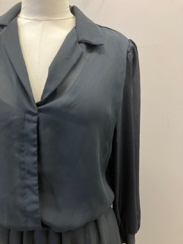 JENNY, Black, Rayon, Solid, Sheer, C.A., Notched Lapel, L/S, Faux Covered Placket, Elastic Waist Band, Pleated Skirt, Shoulder Pads