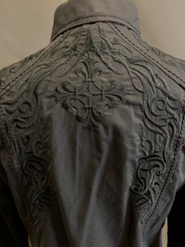 HOUSEOF LORDS, Black, Cotton, Floral, L/S, Button Front, Collar Attached, Embroiderred Detail On Shoulder And Back, Vertical Seams