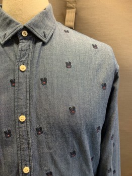 Scotch & Soda, Denim Blue, Navy Blue, Red, Cotton, Animal Print, L/S, Button Front, C.A. Embroiderred Bunnies