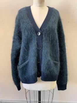 Womens, Cardigan Sweater, ACNE STUDIOS, Teal Blue, Wool, Solid, S, L/S, Button Front, V Neck, Hairy Textured, Top Pockets,