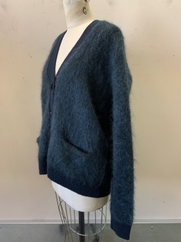 Womens, Cardigan Sweater, ACNE STUDIOS, Teal Blue, Wool, Solid, S, L/S, Button Front, V Neck, Hairy Textured, Top Pockets,