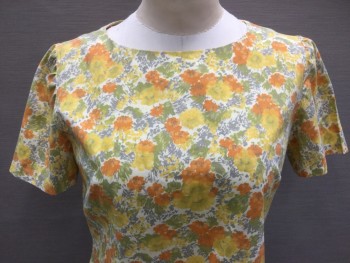 MTO, Lt Yellow, Orange, Yellow, Lime Green, Gray, Cotton, Polyester, Floral, Wide Round Neck,  Short Sleeves, Zip Back, Split Back Center Hem