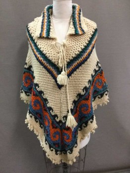 Womens, Poncho, N/L, Cream, Multi-color, Orange, Navy Blue, Teal Green, Wool, Chevron, Solid, O/S, Chunky Yarn Knit, Collar Attached, Self Ties At Neck, Fringe At Edges,