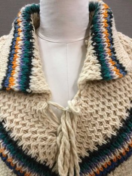 Womens, Poncho, N/L, Cream, Multi-color, Orange, Navy Blue, Teal Green, Wool, Chevron, Solid, O/S, Chunky Yarn Knit, Collar Attached, Self Ties At Neck, Fringe At Edges,