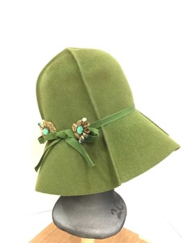 Womens, Hat, GLENVER, Moss Green, Brass Metallic, Emerald Green, Wool, Metallic/Metal, Solid, M, Folded Grosgrain Band and Bow. Pot Metal Hat Pin with Costume Stones