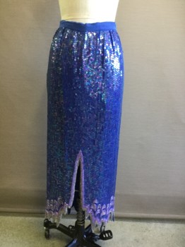 Womens, 1980s Vintage, Skirt, MTO, Royal Blue, Lavender Purple, Silver, Beaded, Sequins, W 24, Blue Sequins, Lavender/Silver Beaded Scalloped Hem, Zip Center Back