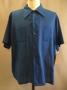 JC Penney, Navy Blue, Cotton, Polyester, Solid, Navy, Button Front, Collar Attached, Short Sleeve,  1 Pocket,