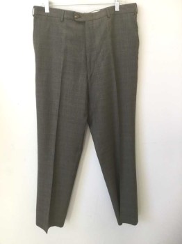 Mens, Suit, Pants, BURBERRY, Brown, Lt Brown, Blue, Wool, Plaid-  Windowpane, Check , 34/32, Light Brown/Brown Micro Check/Speck Pattern, with Faint Blue Thin Windowpane Stripes, Flat Front, Zip Fly, Button Tab Waist, 4 Pockets, Straight Leg