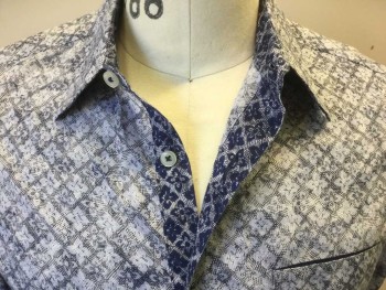 ELIE TAHARI, Lt Blue, Black, Navy Blue, Cotton, Novelty Pattern, Abstract Floral Print, Long Sleeves, Collar Attached, Button Front, 1 Pocket,
