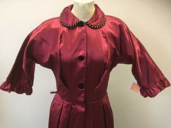 ORBACH'S, Cranberry Red, Silk, Stripes - Pin, with Black Pinstripe Satin, 3/4 Dolman Sleeves, Round Collar with Black and Gold Metallic Swirled Piping Trim, Shirtwaist with Black Velvet Covered Buttons at Front, with Zip Closure From Center Front Waist to Above Knee, Floor Length Hem,