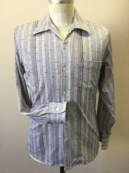 Mens, Casual Shirt, WHITEHALL, White, Blue, Brown, Polyester, Stripes, 31, 15.5, Polyester Knit, Long Sleeves, Collar Attached, Button Front, 1 Pocket, Novelty Stripe Print