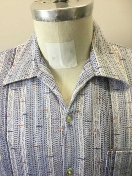Mens, Casual Shirt, WHITEHALL, White, Blue, Brown, Polyester, Stripes, 31, 15.5, Polyester Knit, Long Sleeves, Collar Attached, Button Front, 1 Pocket, Novelty Stripe Print