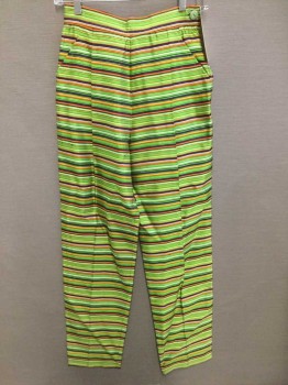 YVES ST.LAURENT, Lime Green, Orange, Yellow, Purple, White, Polyester, Rayon, Stripes - Horizontal , Tapered Leg, Front Pleats, Side Zip