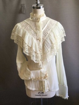 Womens, Blouse, GUNNIES, Cream, Cotton, Polyester, Solid, Floral, B 34, Sheer Cotton Plisse with Sheer Lace Yoke and Ruffled Trim Yoke, Long Sleeves, Lace Trim Collar Band, Button Front, Long Buttoned Cuffs