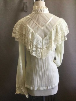 Womens, Blouse, GUNNIES, Cream, Cotton, Polyester, Solid, Floral, B 34, Sheer Cotton Plisse with Sheer Lace Yoke and Ruffled Trim Yoke, Long Sleeves, Lace Trim Collar Band, Button Front, Long Buttoned Cuffs