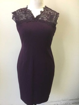 ELIE TAHARI, Dk Purple, Rayon, Nylon, Solid, Sleeveless, Top Half (Above Bust) is See Thru Lace, V-neck, Body of Dress is Stretch Jersey, Sheath, Hem Below Knee, Invisible Zipper at Center Back,
