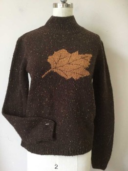 NORTON, Brown, Caramel Brown, Acrylic, Nylon, Tweed, Graphic, Rib Knit Mock Neck Collar and Cuffs, Fall Leaf Center Front,