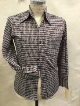 JC PENNY, White, Maroon Red, Polyester, Geometric, Plaid, Button Front, Long Sleeves, Collar Attached, 1 Pocket, 2 Way Stretch, Exaggerated Collar,
