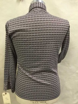 JC PENNY, White, Maroon Red, Polyester, Geometric, Plaid, Button Front, Long Sleeves, Collar Attached, 1 Pocket, 2 Way Stretch, Exaggerated Collar,